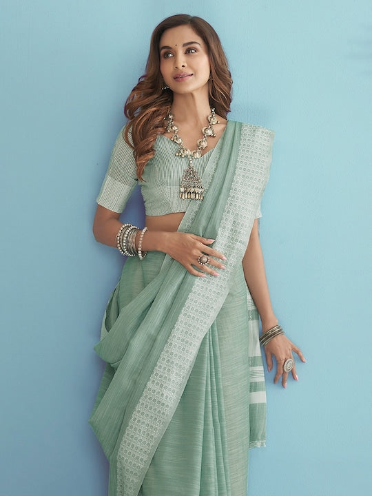 Light Green Casual Wear Printed Pure Linen Saree , With Blouse Peace