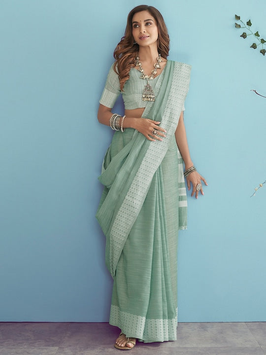 Light Green Casual Wear Printed Pure Linen Saree , With Blouse Peace