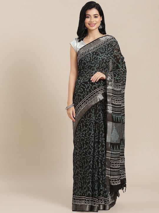 Black Casual Wear Printed Pure Linen Saree , With Blouse Peace