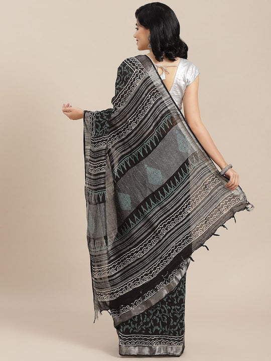 Black Casual Wear Printed Pure Linen Saree , With Blouse Peace