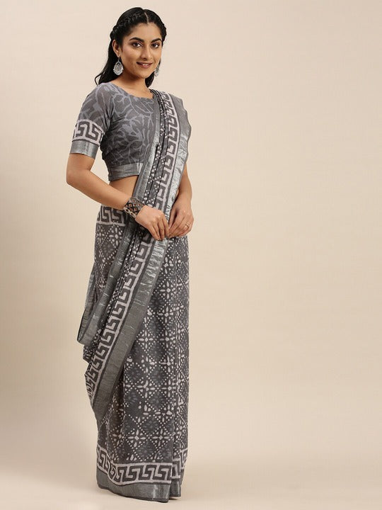 Dark Grey Casual Wear Printed Pure Linen Saree , With Blouse Peace