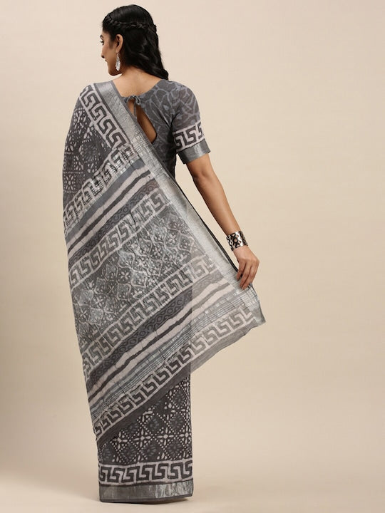 Dark Grey Casual Wear Printed Pure Linen Saree , With Blouse Peace