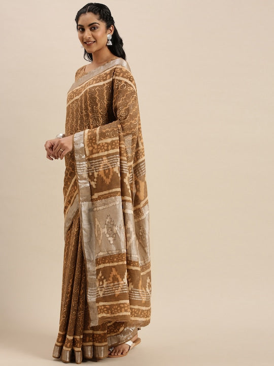 Brown Casual Wear Printed Pure Linen Saree , With Blouse Peace