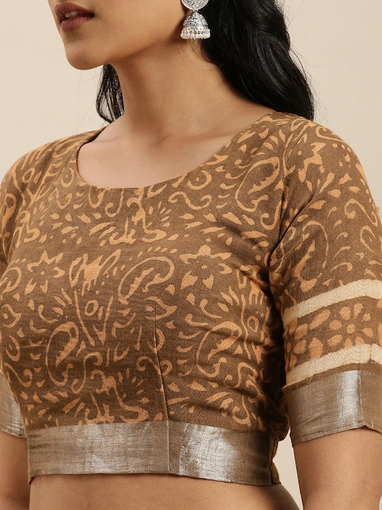 Brown Casual Wear Printed Pure Linen Saree , With Blouse Peace