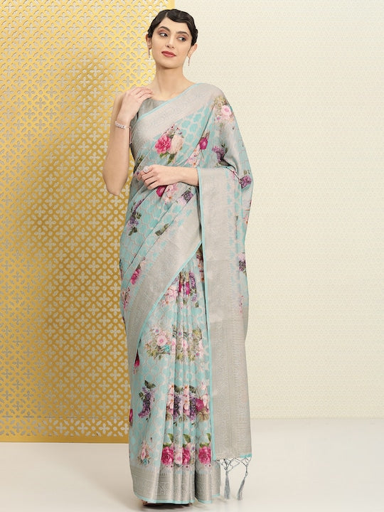 Sky Blue Festive Wear Printed Linen Saree With Blouse piece