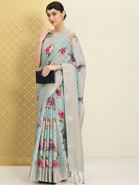 Sky Blue Festive Wear Printed Linen Saree With Blouse piece