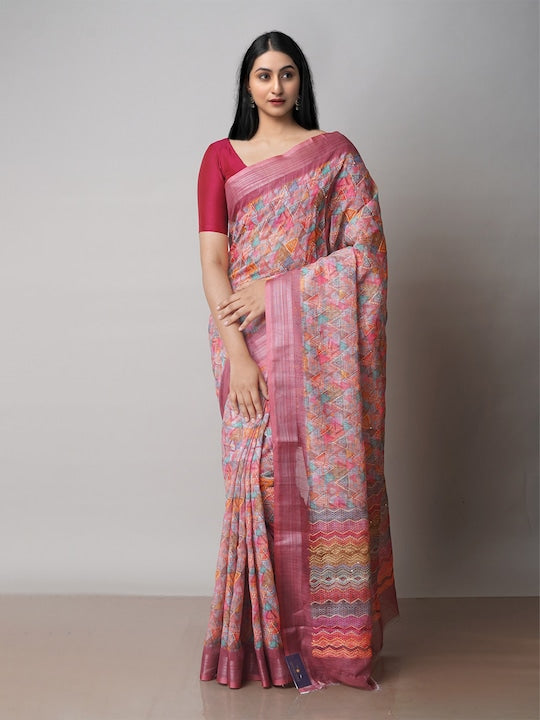 Light Pink Festive Wear Printed Linen Saree With Blouse piece