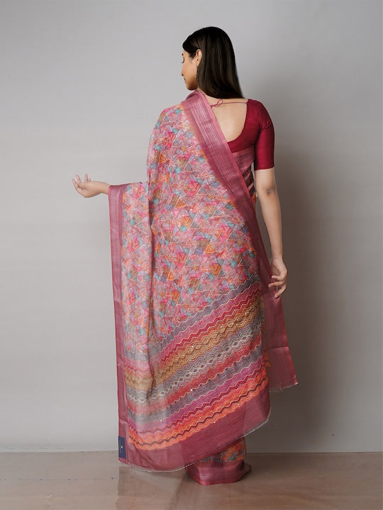 Light Pink Festive Wear Printed Linen Saree With Blouse piece