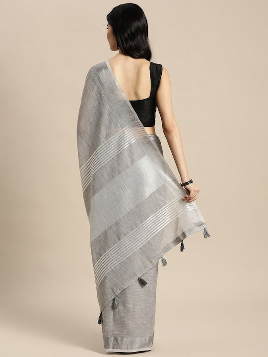 Light Grey Festive Wear Printed Linen Saree With Blouse piece