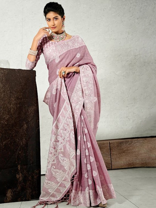 Rosy brown Festive Wear Printed Linen Saree With Blouse piece