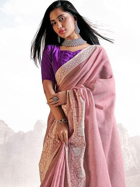 Baby Pink Festive Wear Printed Linen Saree With Blouse piece