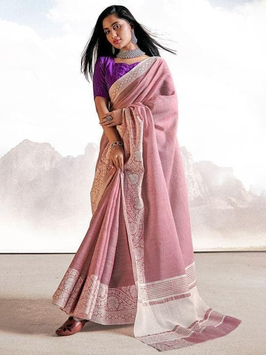 Baby Pink Festive Wear Printed Linen Saree With Blouse piece