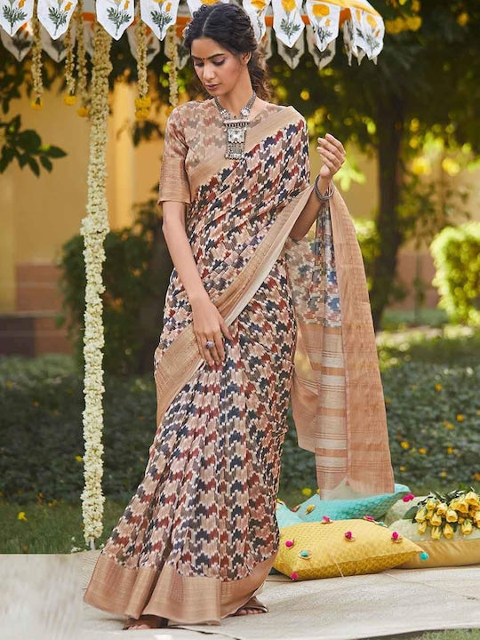 Cream Festive Wear Printed Linen Saree With Blouse piece