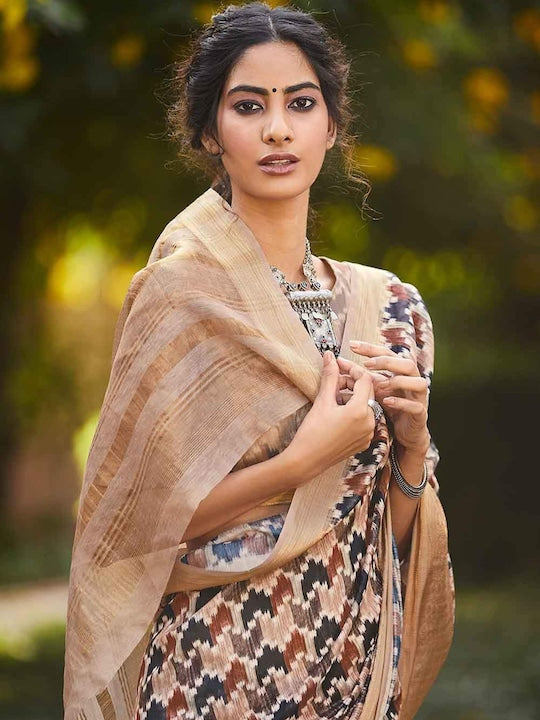 Cream Festive Wear Printed Linen Saree With Blouse piece