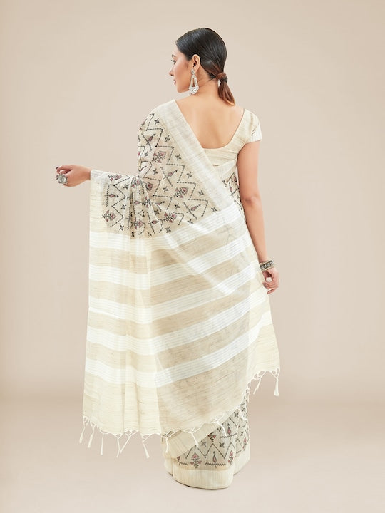 Off White Festive Wear Printed Linen Saree With Blouse piece