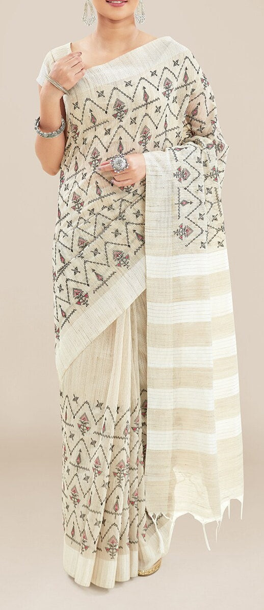 Off White Festive Wear Printed Linen Saree With Blouse piece