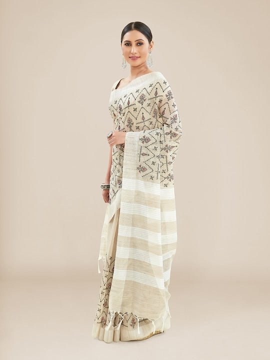 Off White Festive Wear Printed Linen Saree With Blouse piece