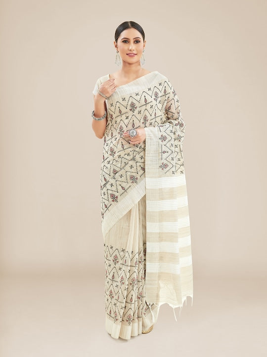 Off White Festive Wear Printed Linen Saree With Blouse piece