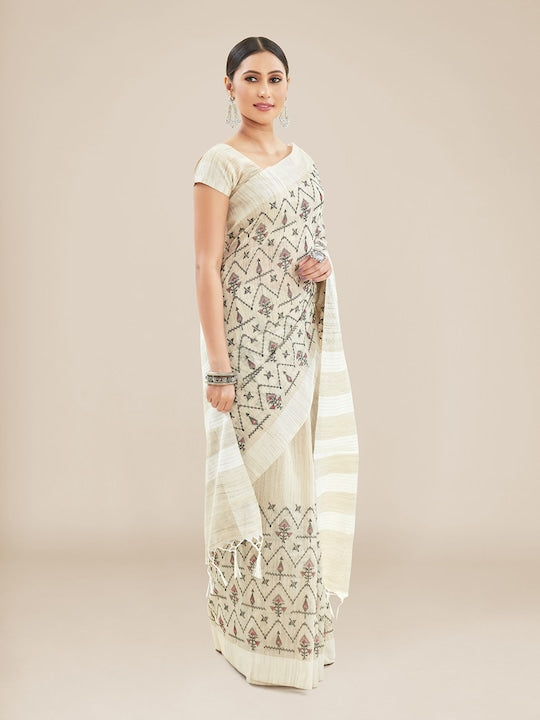 Off White Festive Wear Printed Linen Saree With Blouse piece