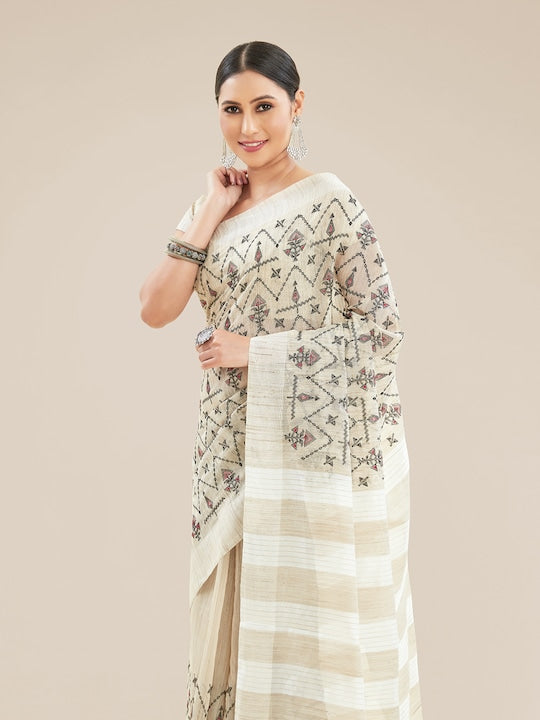 Off White Festive Wear Printed Linen Saree With Blouse piece