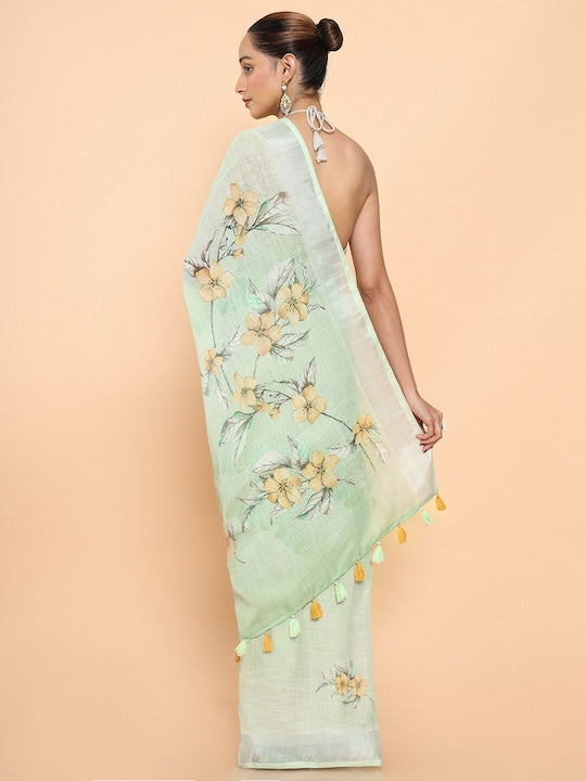 Pure linen saree in Light Green Color , enchanting casual wear