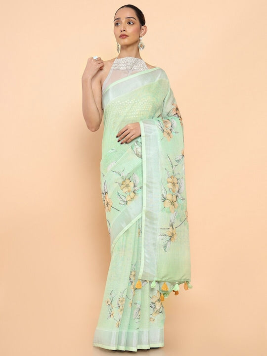 Pure linen saree in Light Green Color , enchanting casual wear