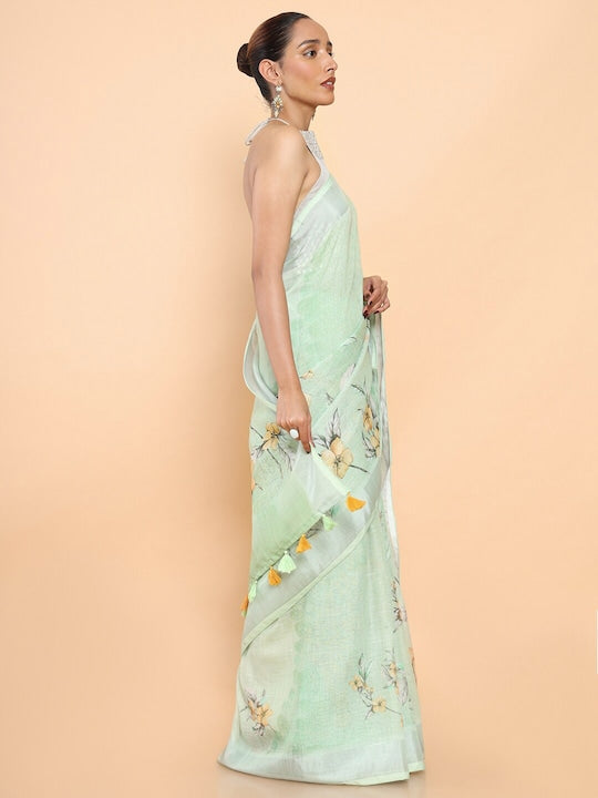 Pure linen saree in Light Green Color , enchanting casual wear