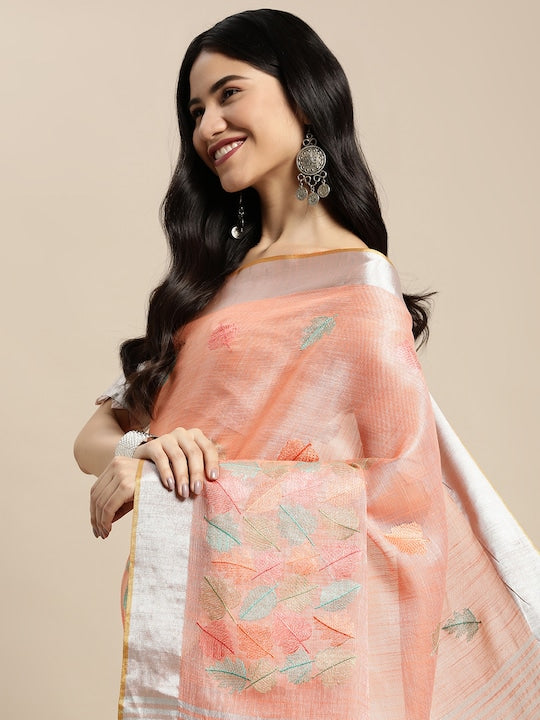 Pure linen saree in Coral Color , enchanting casual wear