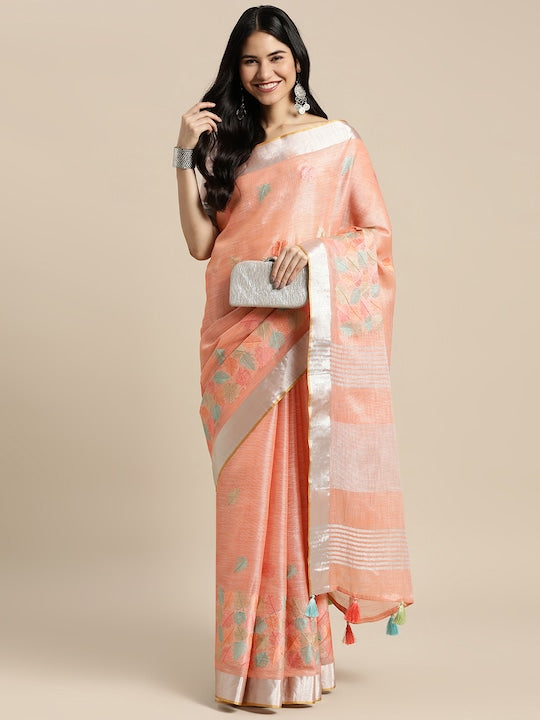 Pure linen saree in Coral Color , enchanting casual wear