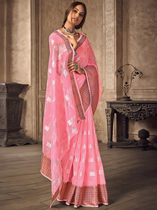 Pure linen saree in Pink Color , Enchanting casual wear