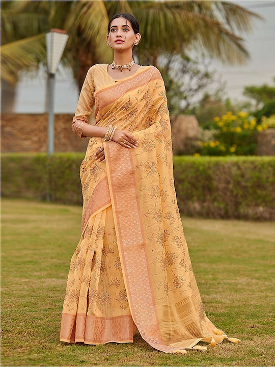 Pure linen saree in Yellow Color , enchanting casual wear