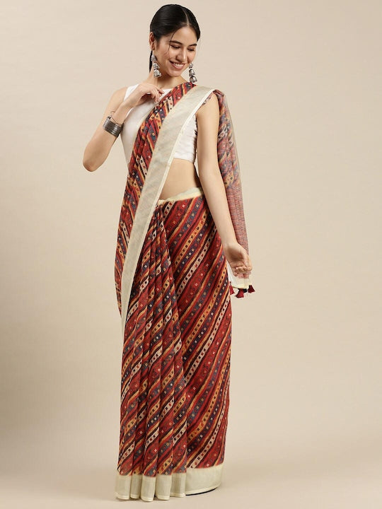 Exceptional Pure Linen Brown Colored Casual Printed Saree