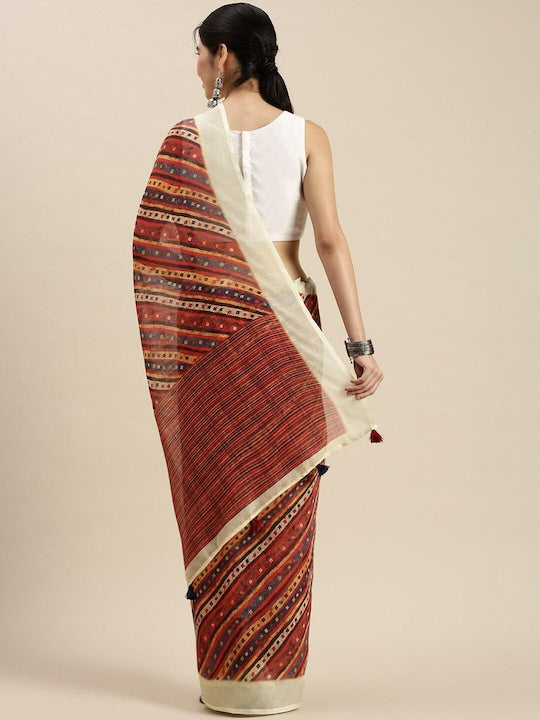 Exceptional Pure Linen Brown Colored Casual Printed Saree