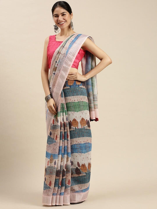 Flaunt Multicolor Colored Casual Wear Fancy Printed Linen Saree