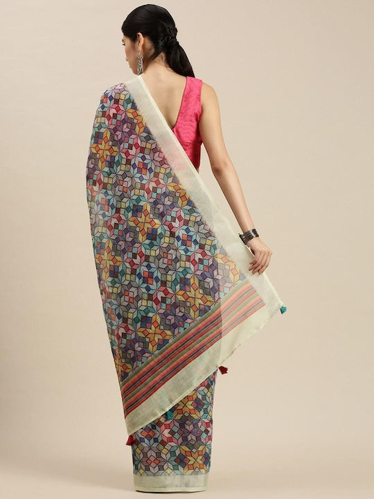 Intricate Multicolored Printed Pure Linen Saree