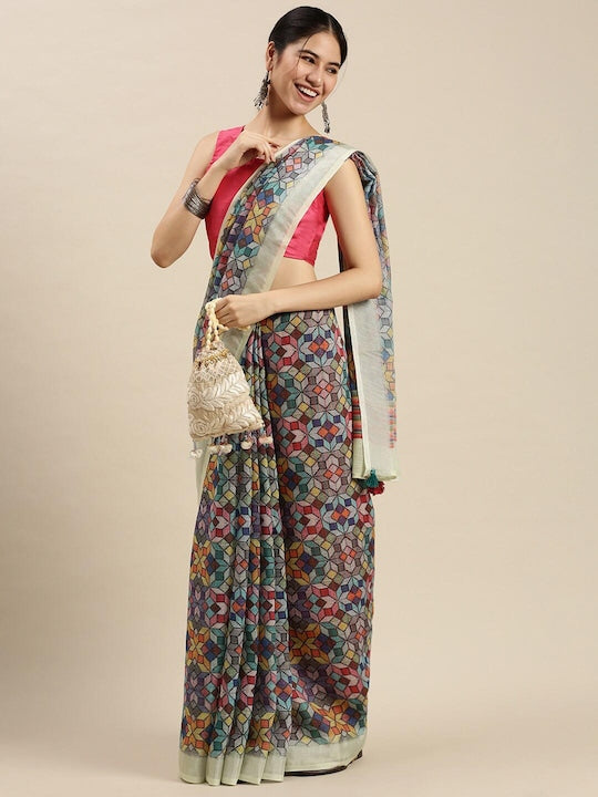 Intricate Multicolored Printed Pure Linen Saree