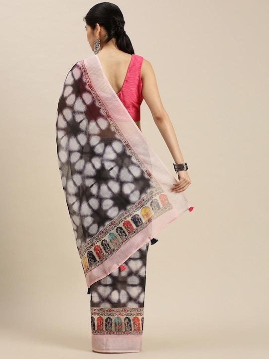 Refreshing Black And White Colored Printed Pure Linen Saree