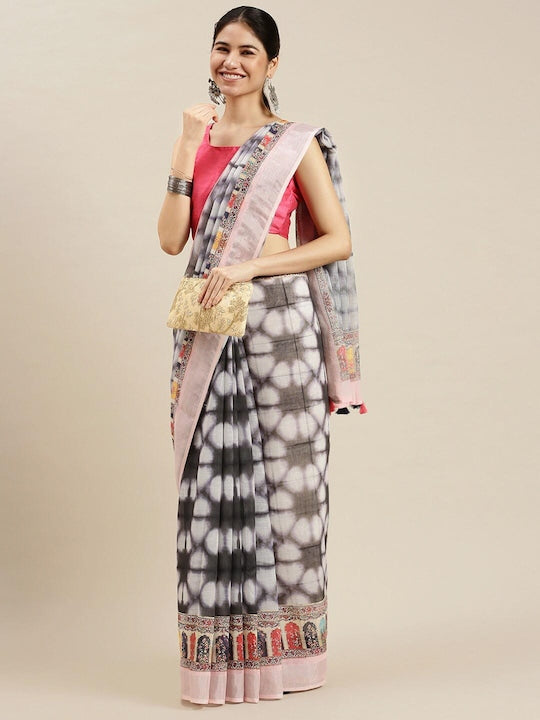 Refreshing Black And White Colored Printed Pure Linen Saree