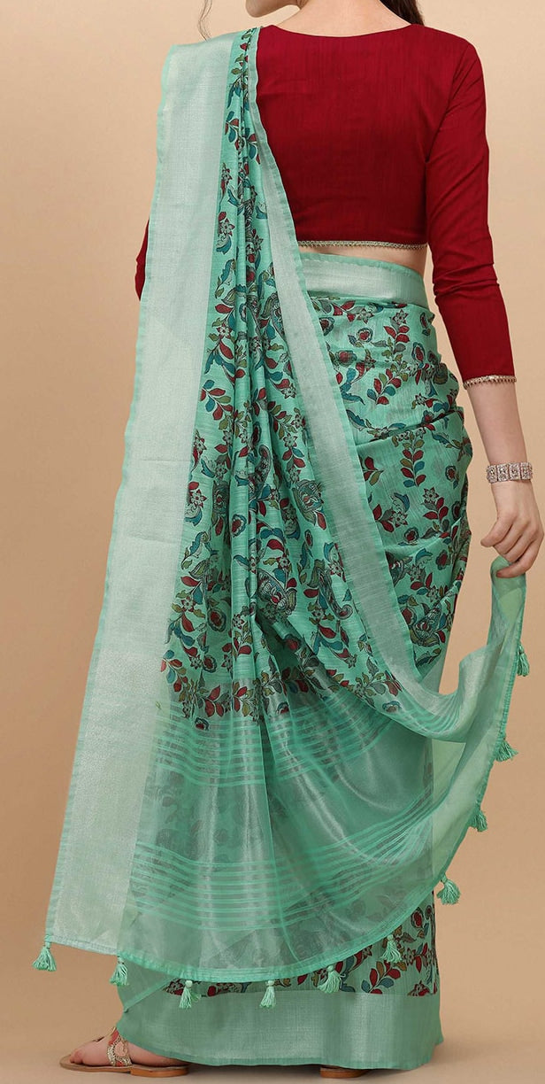 Flamboyant Pure Linen Rama Colored Casual Printed Saree