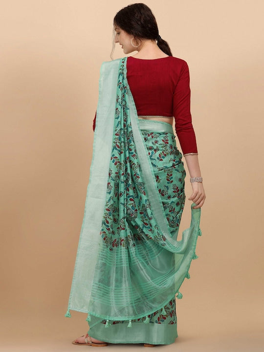 Flamboyant Pure Linen Rama Colored Casual Printed Saree