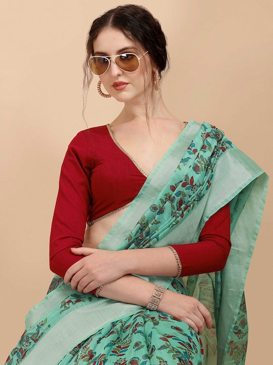 Flamboyant Pure Linen Rama Colored Casual Printed Saree