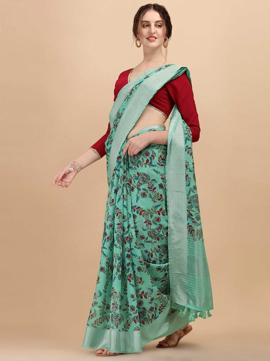 Flamboyant Pure Linen Rama Colored Casual Printed Saree