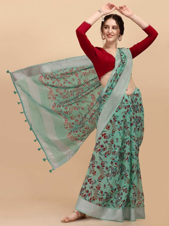 Flamboyant Pure Linen Rama Colored Casual Printed Saree