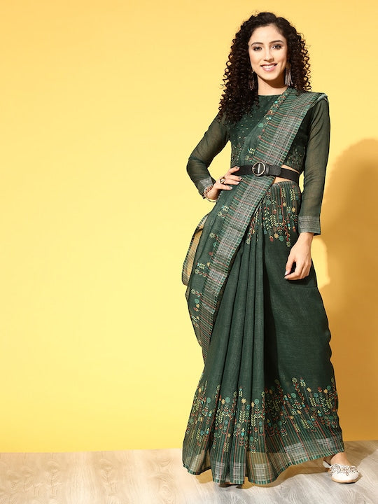 Adorable Green Colored Casual Wear Floral Printed Linen Saree