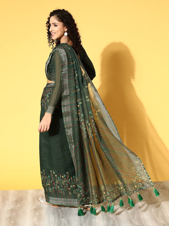 Adorable Green Colored Casual Wear Floral Printed Linen Saree