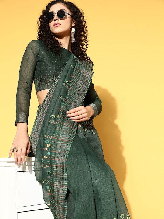 Adorable Green Colored Casual Wear Floral Printed Linen Saree