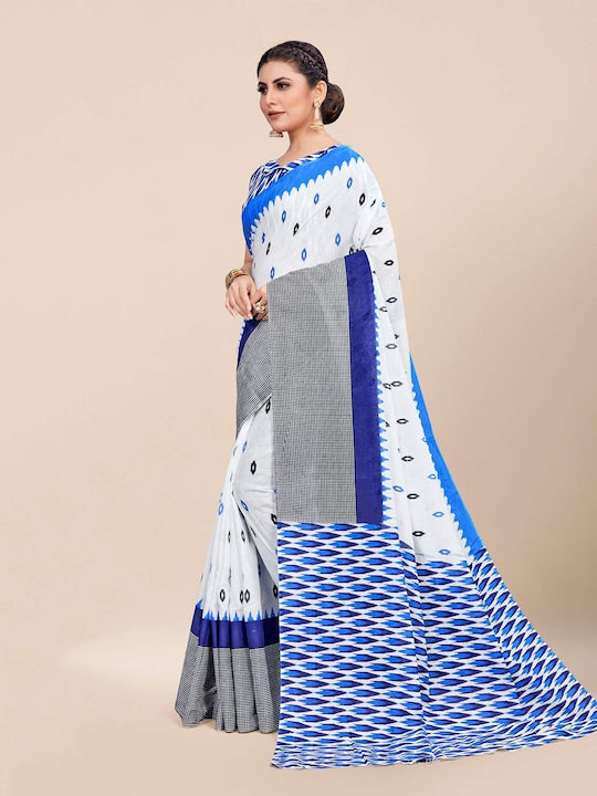 Fantastic White And Blue Colour Women's Pure Linen Saree With Unstitched Blouse Piece