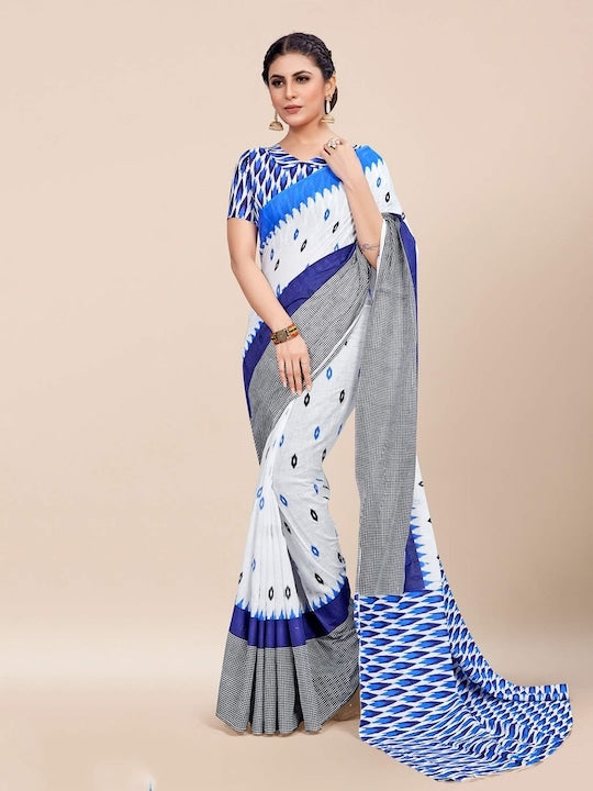Fantastic White And Blue Colour Women's Pure Linen Saree With Unstitched Blouse Piece