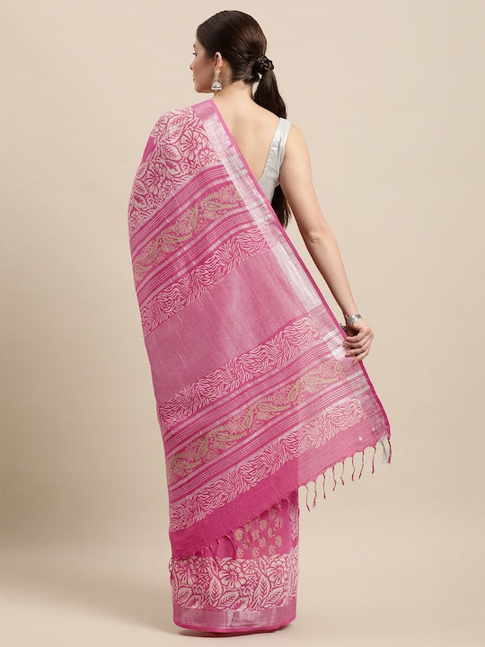 Pink Wedding Wear Printed Linen Saree With Blouse piece