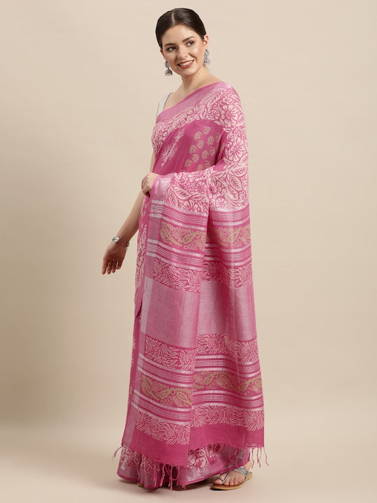 Pink Wedding Wear Printed Linen Saree With Blouse piece